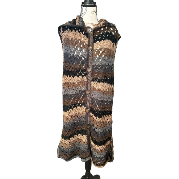 Afghan Granny style crocheted hooded duster in neutral colors S\M - Picture 1 of 8